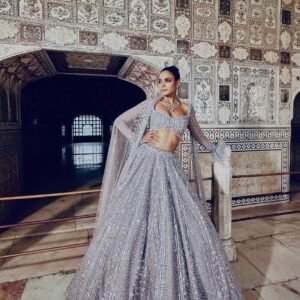 Premium Shimmer Silk Heavy Sequins Dori Work Lehanga -Glittery Grey