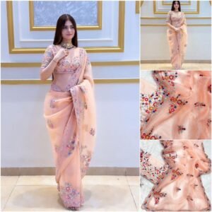 Organza Embroidered Sequins Work Peach Saree
