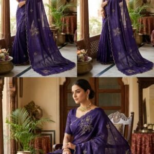D'naari Special Soft Fandy Satin Saree With Khatli Handwork-Royal Blue