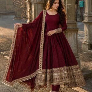 Woman's Fandy Crush Embroidered Sequins Anarkali Gown-Maroon