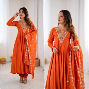 Elegant Embroidered Sequins Anarkali Three Piece Set -Rusty Orange