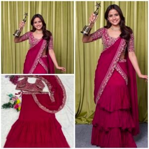 Ready to Wear Indo-western Embroidered Lehanga Saree -Rani Pink