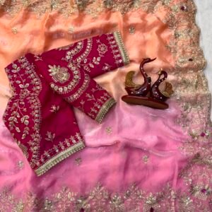 Premium Space Silk Zar Embroidered Hand Mina work Dual Colour Saree With Stitched Blouse