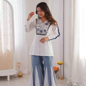 Roman Silk Designer Co-ord Set With Embroidered Handwork Mirror