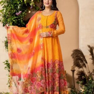 Tabby Organza Embroidered Sequin Printed Anarkali Gown Set
