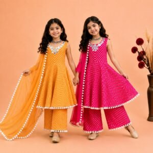 Kid's Georgette Printed Thread Real Mirror Kurti Pant & Dupatta with Pumpum Lace