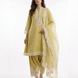 Elegant Premium Roman Silk Embroidered Kurti Set -Beige