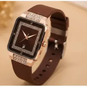 Luxury Square Watch for Women & Girls – Brown Dial with Crystal Border | Stylish Silicon Strap Quartz Wristwatch ( brown, OS )
