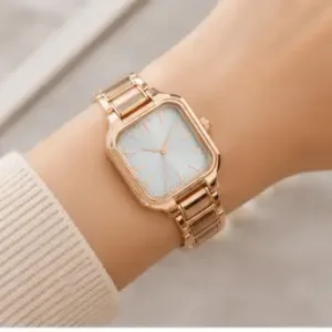 Women’s Square Black Dial Watch – Stainless Steel Strap Quartz Analog Wristwatch | Stylish Rose Fashion Watch ( gold, OS )