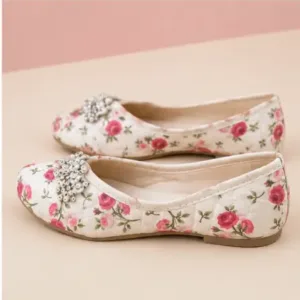 Kids Baby Girls Jutti – Handmade Floral Print Ethnic Slip-On Shoes with Comfortable TPR Sole ( multicolor, 4-4.5 Years )