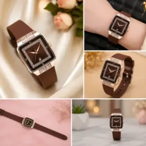 Luxury Square Watch for Women & Girls – Brown Dial with Crystal Border | Stylish Silicon Strap Quartz Wristwatch ( brown, OS )