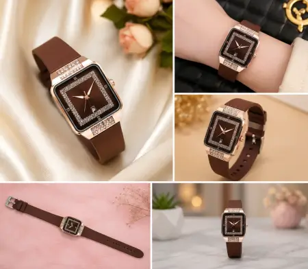 atbDDTAYcLaDWIayMhlEJ7MfGqo3ItTYOGSYhfyX.webp Luxury Square Watch for Women & Girls – Brown Dial with Crystal Border | Stylish Silicon Strap Quartz Wristwatch ( brown, OS )