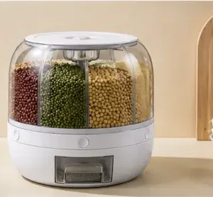 360° Rotating Grain Dispenser – 6-Compartment Kitchen Storage Container with Lid for Rice, Pulses & Dry Fruits ( white, OS )