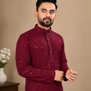 Men's Chikankari Embroidered Rayon Kurta – Full Sleeve Sequin Work Ethnic Kurta for Festive & Wedding Wear ( maroon, L )