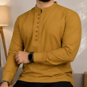Men's Solid Cotton Blend Kurta – Full Sleeve Casual & Festive Ethnic Wear for Men ( Mustard, L )