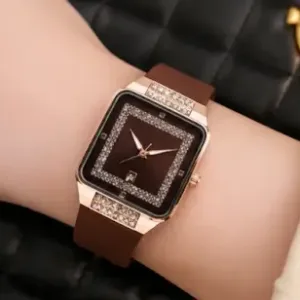 Luxury Square Watch for Women & Girls – Brown Dial with Crystal Border | Stylish Silicon Strap Quartz Wristwatch ( brown, OS )