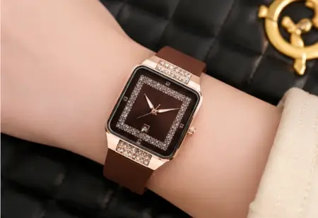 inFG6lNG7zHItWc6m9YY8BOCsukGyvtYmmczO3h1.webp Luxury Square Watch for Women & Girls – Brown Dial with Crystal Border | Stylish Silicon Strap Quartz Wristwatch ( brown, OS )