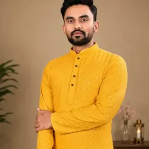 Men's Chikankari Embroidered Rayon Kurta – Full Sleeve Sequin Work Ethnic Kurta for Festive & Wedding Wear ( Mustard, S )