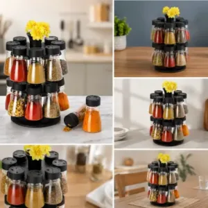 16-in-1 Revolving Condiment Set – Rotating Plastic Spice Rack & Kitchen Masala Organizer ( black, OS )