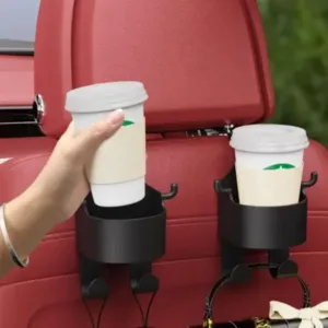 2-Piece 3-in-1 Car Headrest Hook & Cup Holder – Hidden Seat Back Hanger, Storage Organizer & Drink Holder ( black, OS )