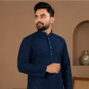 Men's Chikankari Embroidered Rayon Kurta – Full Sleeve Sequin Work Ethnic Kurta for Festive & Wedding Wear ( Navy Blue, S )