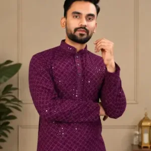 Men's Chikankari Embroidered Rayon Kurta – Full Sleeve Sequin Work Ethnic Kurta for Festive & Wedding Wear ( Purple, S )