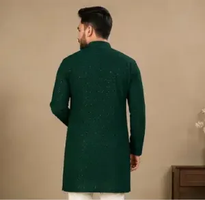 Men's Chikankari Embroidered Rayon Kurta – Full Sleeve Sequin Work Ethnic Kurta for Festive & Wedding Wear ( green, M )