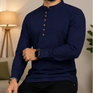 Men's Solid Cotton Blend Kurta – Full Sleeve Casual & Festive Ethnic Wear for Men ( Navy Blue, XL )