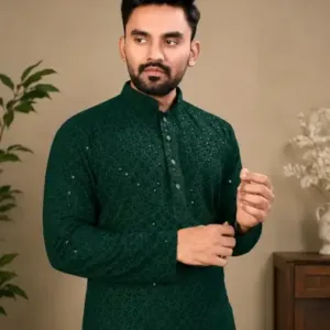 Men's Chikankari Embroidered Rayon Kurta – Full Sleeve Sequin Work Ethnic Kurta for Festive & Wedding Wear ( green, L )
