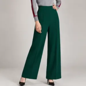 Trendy Retro Women Trousers – Solid Cotton Blend Pants ( green, L )