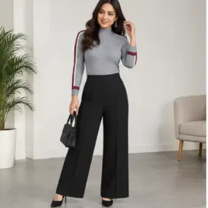 Trendy Retro Women Trousers – Solid Cotton Blend Pants ( black, XS )