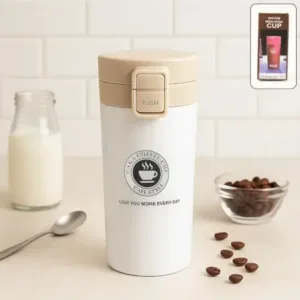 Vacuum Insulated Coffee Flask 400ML – Stainless Steel Travel Mug with Push Lid ( yellow, OS )