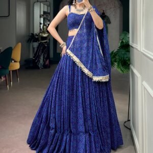 Navratri Collection-Royal Blue Georgette Bandhej Printed Lehanga Choli & Dupatta With Real Mirror work