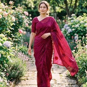 D'naari Premium Space Silk Multi Embroidered Floral Beads work Saree