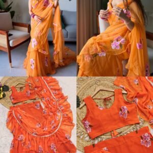 Premium Ruffle Glam Georgette Printed Ready to wear Saree