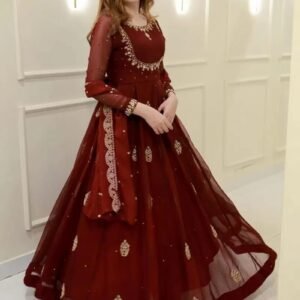 Pure Georgette Embroidered Sequins Anarkali Gown & Dupatta-Maroon