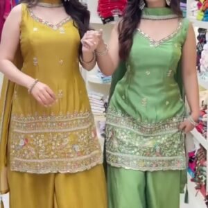Fandy Silk Embroidered Sequins Work Kurti Palazzo & Dupatta (Sleeveless)