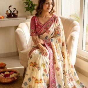 Soft Chinon Silk Printed Sequins Embroidered Saree With Stitched Blouse