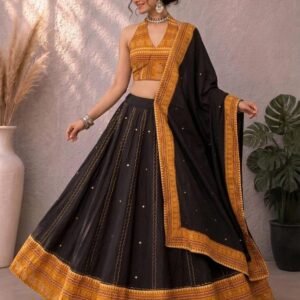 Premium Ajrakh Khadi Cotton Slub With Embroidered Real Mirror Lehanga & Stiched Blouse