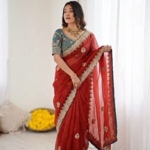Soft Space Silk Zari Sequins Embroidered Red Saree