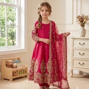 Kid's Premium Shimmer Silk Embroidered Sequins Anarkali Set-Rani Pink