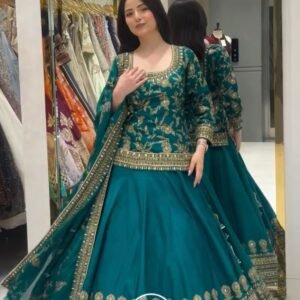 Roman Silk Embroidered Sequins Firozi Lehanga Top & Dupatta With Real Mirror work