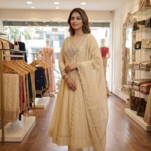 Cossmoss- Anarkali Set with Coding Sequins Embroidered-Ivory