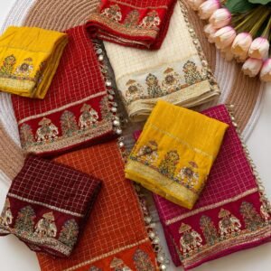 Viscose Check Designer Saree with Zari & Mirror work-Available 4 colours