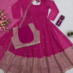 Premium Georgette Printed Coding Sequins Embroidered Anarkali Gown Set