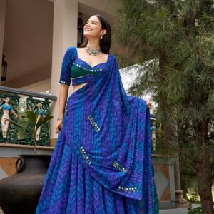 Navaratri Collection- Georgette Lehariya Lehanga Choli & Dupatta with Thread Embroidered Real Mirror