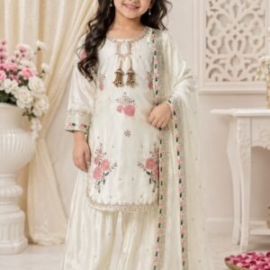 Kid's Satin Embroidered Sequins Embroidered Kurti Set