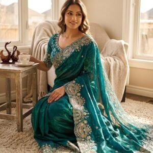 Soft Two Tone Space Silk Zari Sequins Embroidered Saree- Available 4 Colours