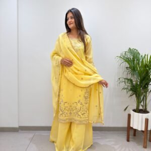 Crunchy Embroidered Sequins Sharara Yellow Set