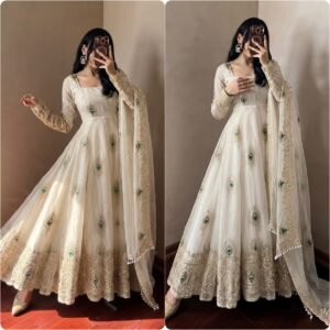 Fandy Silk Morpankh Design Embroidered Sequins Anarkali Gown Set-AVAILABLE 5 COLOURS
